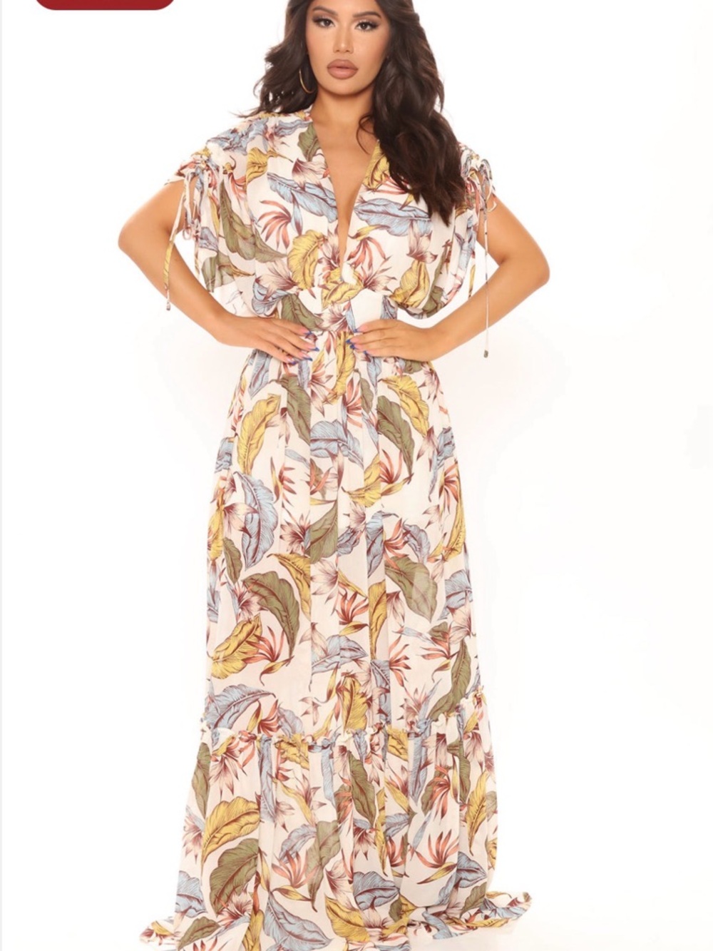 Fashion Nova Cream Tropical Print Maxi Dress